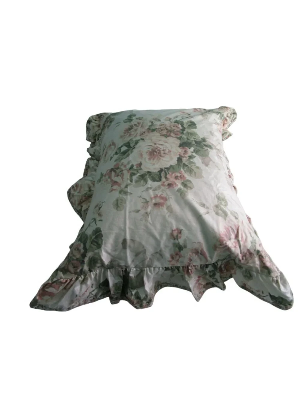 Chintz Floral Ruffled Pillow Sham Standard  Vintage Cottagecore Style Cotton Ble